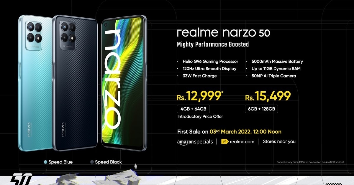 Realme เปิดตัว Narzo 50 พร้อมจอ LCD 120Hz และ Helio G96 เปิดตัว